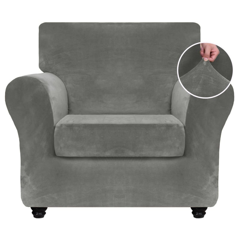 ZNSAYOTX Luxury Velvet Chair Slipcovers with Arms 2 Piece Stretch Chair Covers for Living Room Thick Soft Armchair Slipcover Anti Slip Dog Pet Friendly Furniture Protector (Grey),30"-47"(1 Cushion) - Image 1